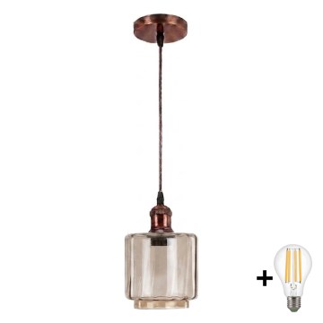 Brilagi - Lustre LED suspenso por cabo RETRO GLASS 1xE27/60W/230V Ø 14 cm cobre/bege fumê