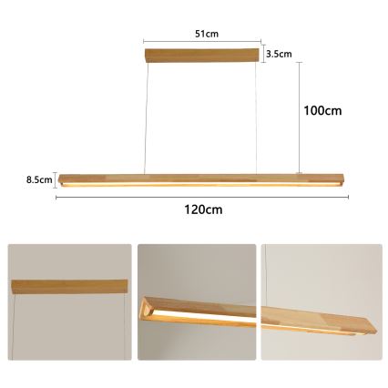 Brilagi - Lustre LED suspenso por cabo UMEA WOOD, LED, 30 W, 230 V, 120 cm, madeira de seringueira
