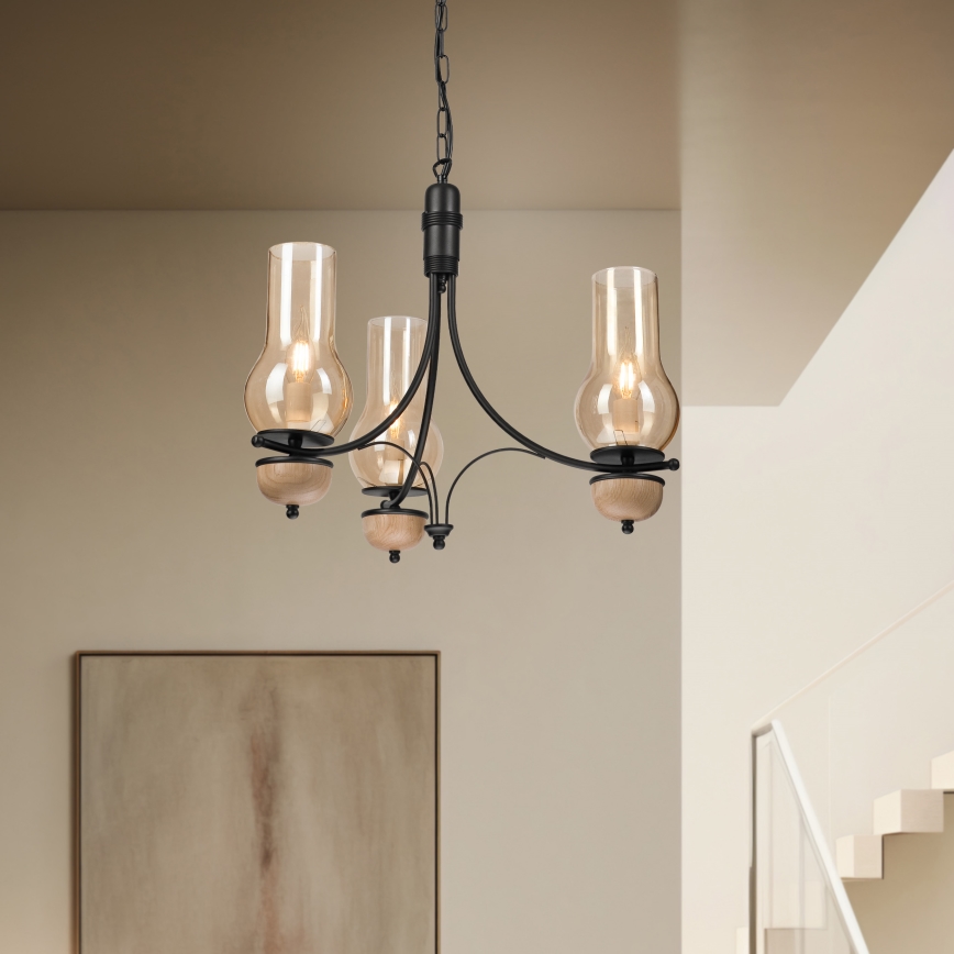 Brilagi - Lustre LED suspenso por corrente COTTAGE 3xE14/40W/230V carvalho/preto/bege fumado
