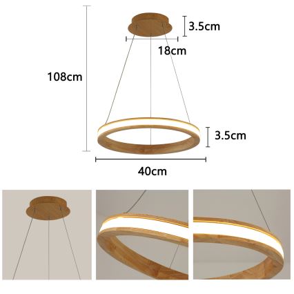 Brilagi - Lustre LED UMEA WOOD suspenso por cabo LED/30W/230V, diâmetro 40 cm, em madeira de seringueira
