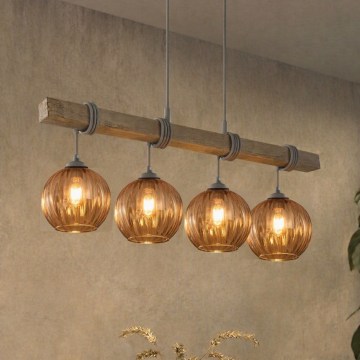 BRILAGI - Lustre pendente com cabo WOOD GLASS 4xE27/60W/230V pinho/cinza/marrom fumê