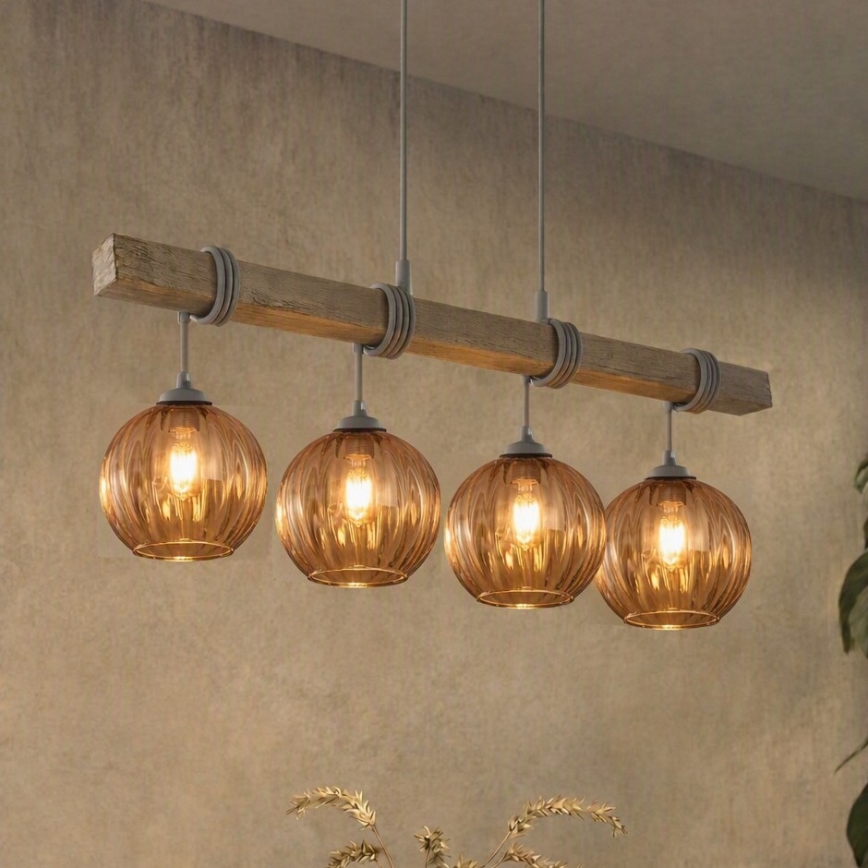 BRILAGI - Lustre pendente com cabo WOOD GLASS 4xE27/60W/230V pinho/cinza/marrom fumê