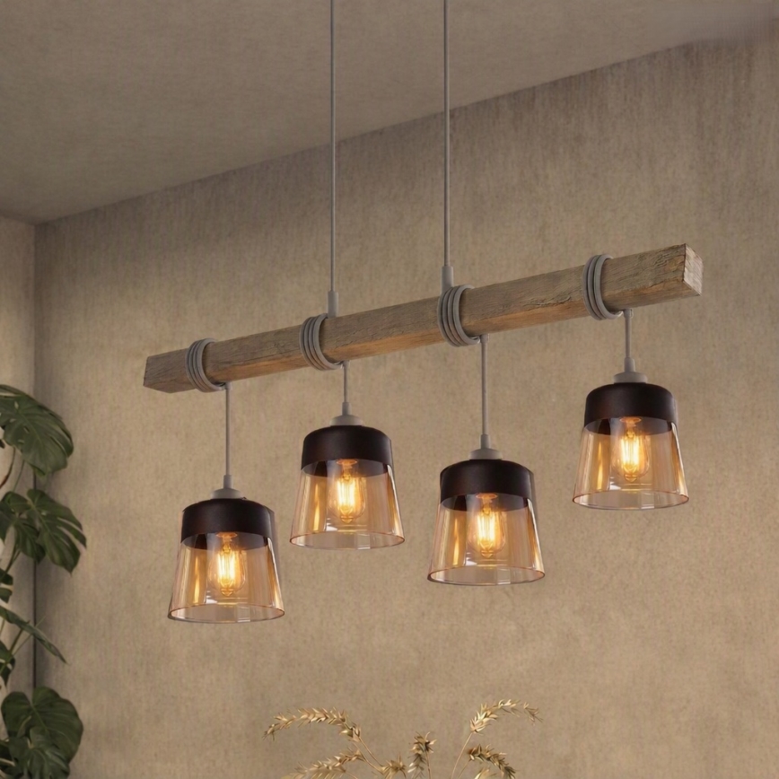 BRILAGI - Lustre suspenso com cabo WOOD GLASS 4xE27/60W/230V pinho/cinza/marrom fumê