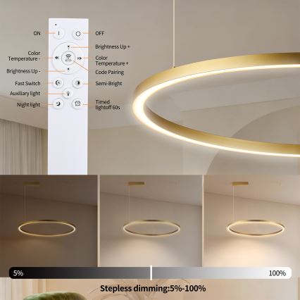 Brilagi - Lustre LED dimerizável suspenso por cabo PORTOFINO LED/60W/230V 3000-6000K diâmetro 80 cm dourado + comando remoto