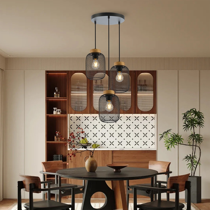 Brilagi - Lustre suspenso em cabo BASKLITE 3xE27/15W/230V madeira/preto