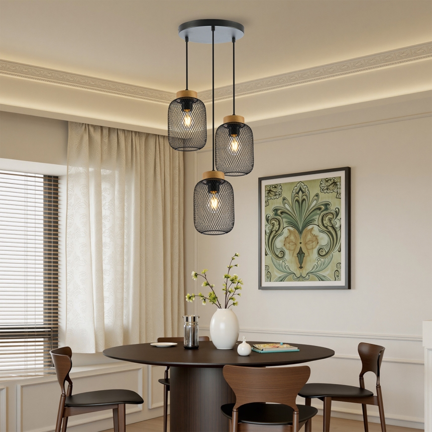 Brilagi - Lustre suspenso em cabo BASKLITE 3xE27/15W/230V madeira/preto