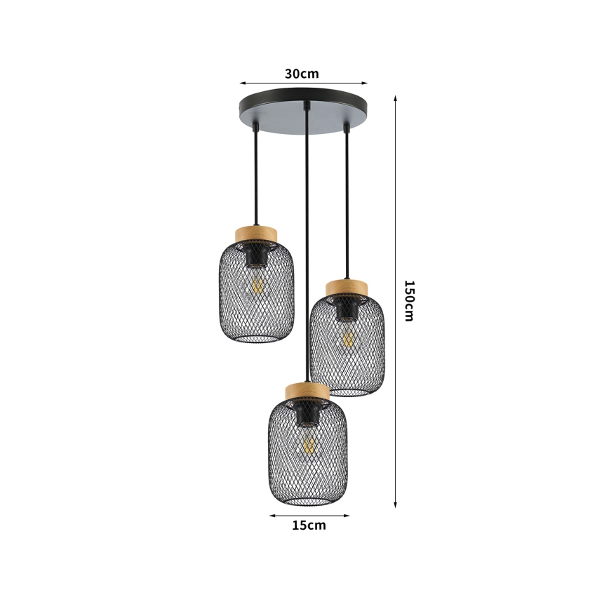 Brilagi - Lustre suspenso em cabo BASKLITE 3xE27/15W/230V madeira/preto