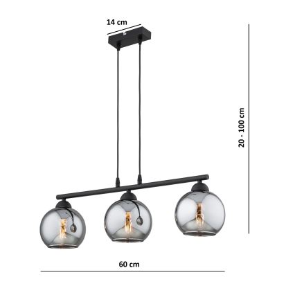Brilagi - Lustre suspenso em cabo DIOR 3xE27/60W/230V preto/cinza fumê