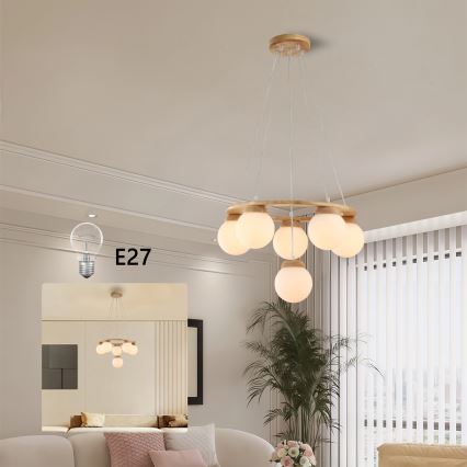 Brilagi - Lustre suspenso por cabo VISBY WOOD, 6xE27/60W/230V, Ø 58 cm, madeira