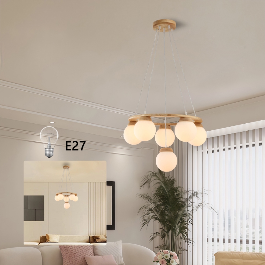 Brilagi - Lustre suspenso por cabo VISBY WOOD, 6xE27/60W/230V, Ø 58 cm, madeira