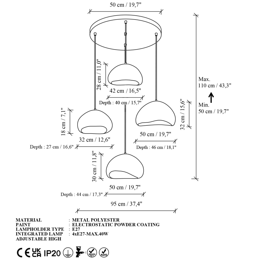 Brilagi - Lustre suspenso por cabo WABI SABI 4xE27/40W/230V Ø 95 cm branco