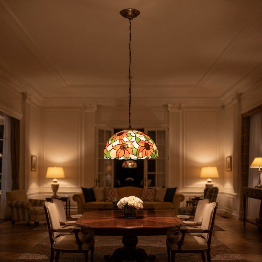 Brilagi - Lustre Tiffany em vitral SUNFLOWER, com corrente, 1x E27/60W/230V, diâmetro 40 cm