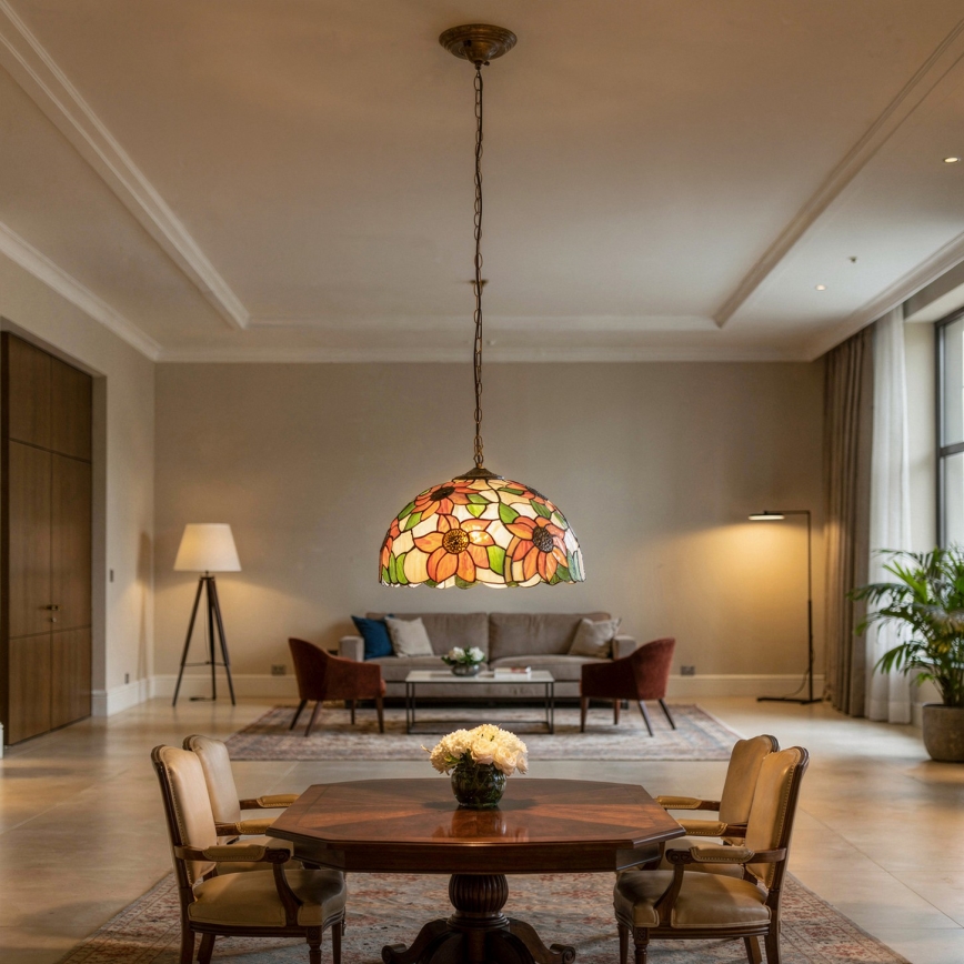 Brilagi - Lustre Tiffany em vitral SUNFLOWER, com corrente, 1x E27/60W/230V, diâmetro 40 cm
