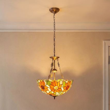 Brilagi - lustre Tiffany em vitral suspenso por corrente SUNFLOWER 3xE27/60W/230V diâmetro 50 cm