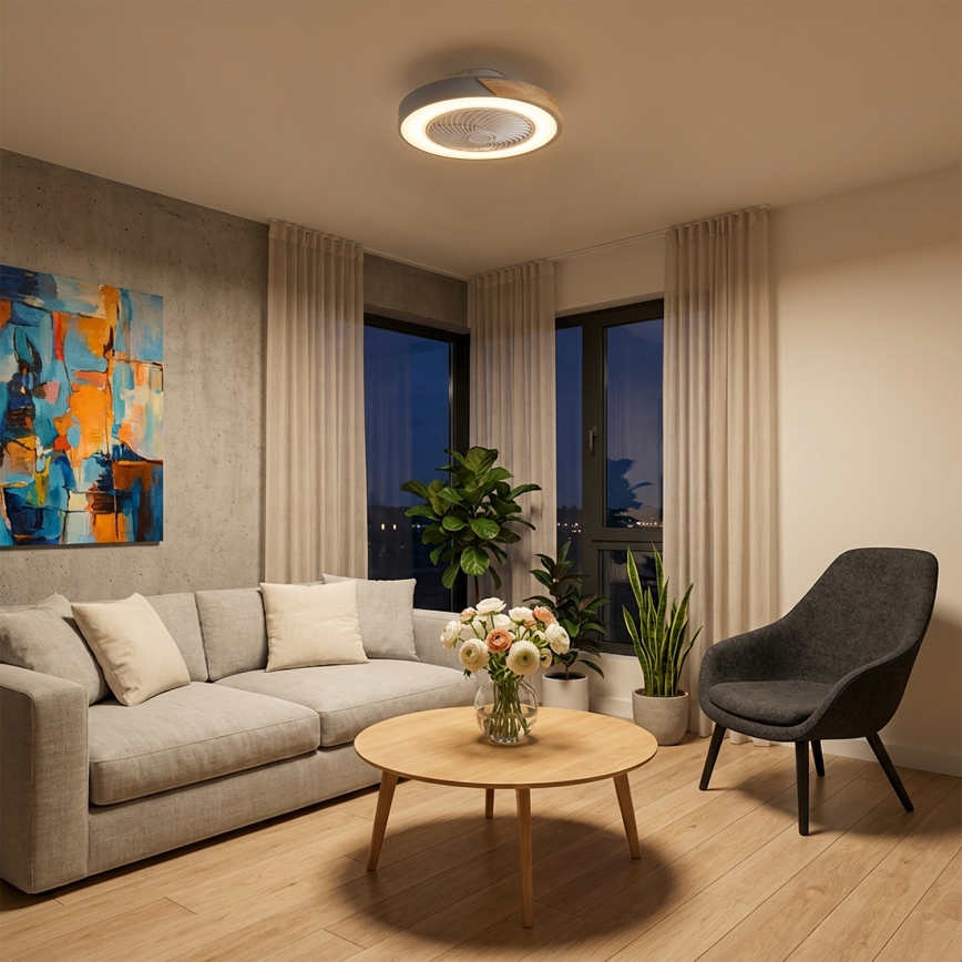 Brilagi - Luminária de teto LED dimerizável com ventilador LED/38W/230V 3000-6500K Ø 50 cm cinza/carvalho + controle remoto
