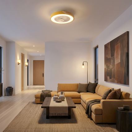 Brilagi - Luz LED dimerizável com ventilador LED/38W/230V 3000-6500K Ø 50 cm dourado/carvalho + controlo remoto