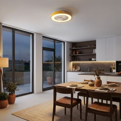 Brilagi - Luz LED dimerizável com ventilador LED/38W/230V 3000-6500K Ø 50 cm dourado/carvalho + controlo remoto