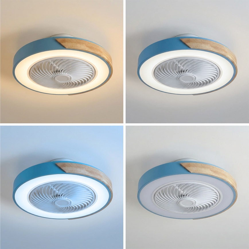 Brilagi - Luminária de teto LED dimável com ventilador LED/38W/230V 3000-6500K Ø 50 cm azul/carvalho + controlo remoto