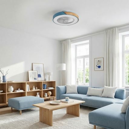 Brilagi - Luminária de teto LED dimável com ventilador LED/38W/230V 3000-6500K Ø 50 cm azul/carvalho + controlo remoto