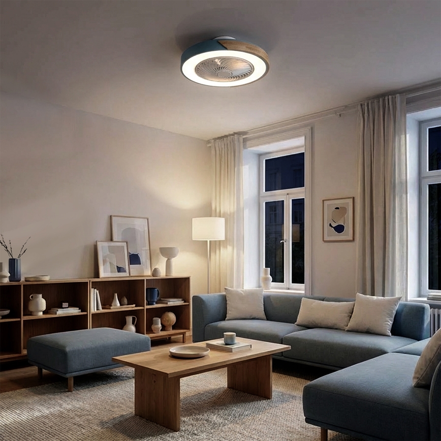 Brilagi - Luminária de teto LED dimável com ventilador LED/38W/230V 3000-6500K Ø 50 cm azul/carvalho + controlo remoto