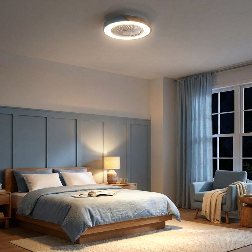 Brilagi - Luminária de teto LED dimável com ventilador LED/38W/230V 3000-6500K Ø 50 cm azul/carvalho + controlo remoto