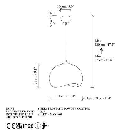 Brilagi - Pendente com cabo WABI SABI 1xE27/40W/230V Ø 34 cm branco