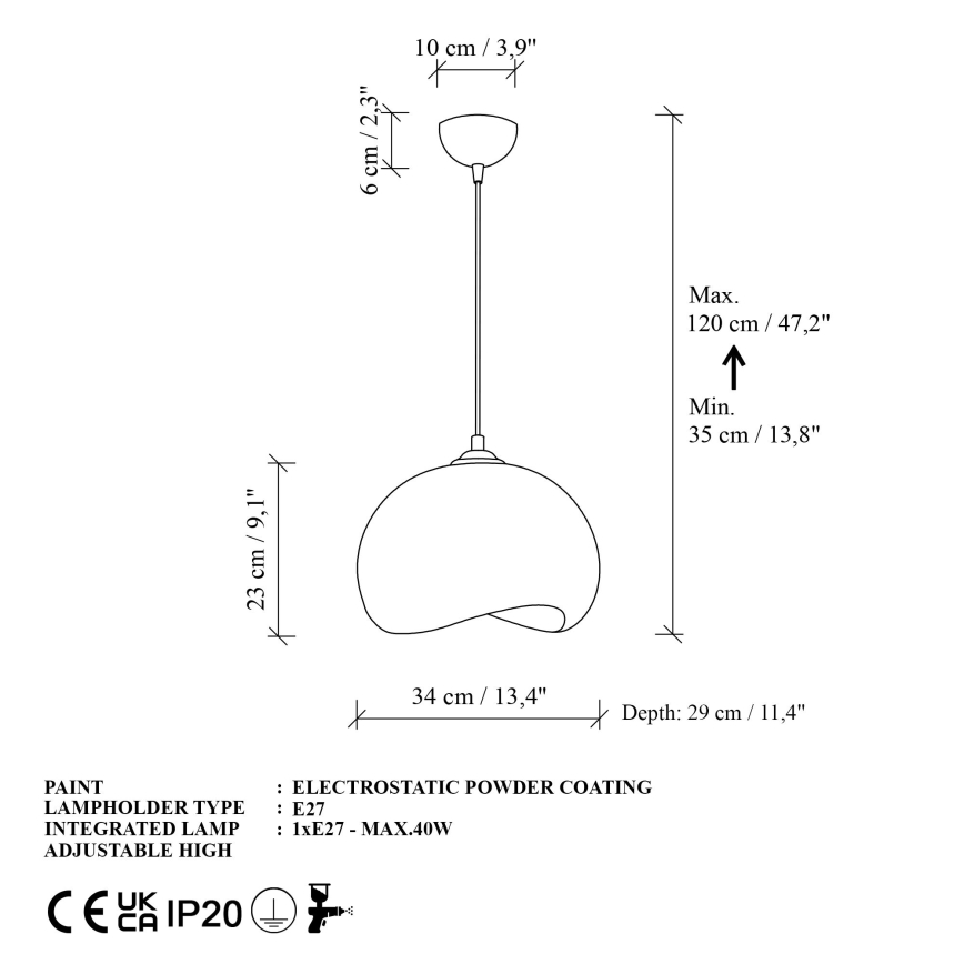 Brilagi - Pendente com cabo WABI SABI 1xE27/40W/230V Ø 34 cm branco