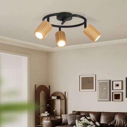 Brilagi - Spot de teto MODERN WOOD 3xGU10/8W/230V madeira de seringueira/preto