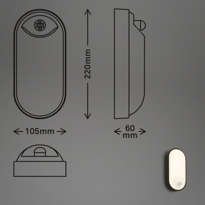 Brilo - Arandela exterior LED com sensor de movimento e crepuscular RUCH LED/12W/230V IP65 preta