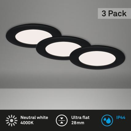 Brilo - Conjunto de 3 luminárias LED embutidas para casa de banho FLAT LED/6W/230V IP44, pretas