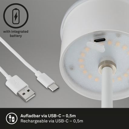 Brilo - Lâmpada de mesa tátil recarregável para exterior KIKI, LED regulável, 2,6W/5V, IP44, 2600 mAh, branca