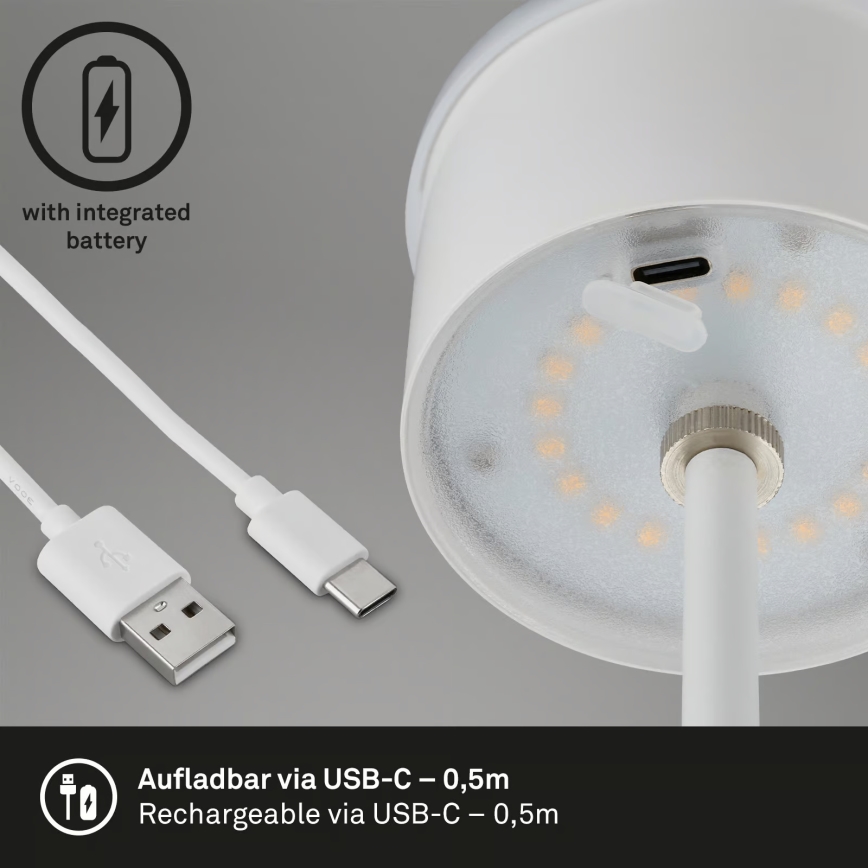 Brilo - Lâmpada de mesa tátil recarregável para exterior KIKI, LED regulável, 2,6W/5V, IP44, 2600 mAh, branca