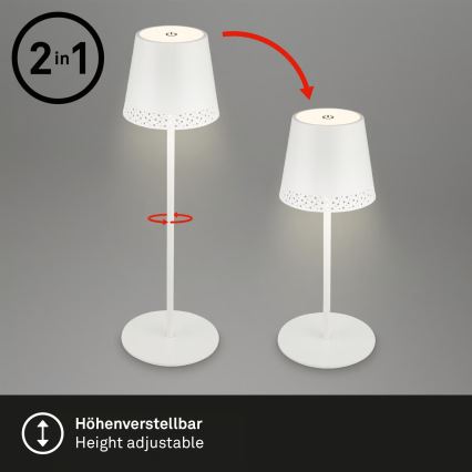 Brilo - Lâmpada de mesa tátil recarregável para exterior KIKI, LED regulável, 2,6W/5V, IP44, 2600 mAh, branca