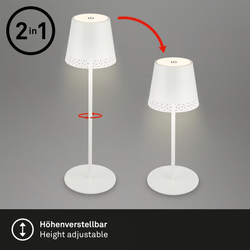 Brilo - Lâmpada de mesa tátil recarregável para exterior KIKI, LED regulável, 2,6W/5V, IP44, 2600 mAh, branca
