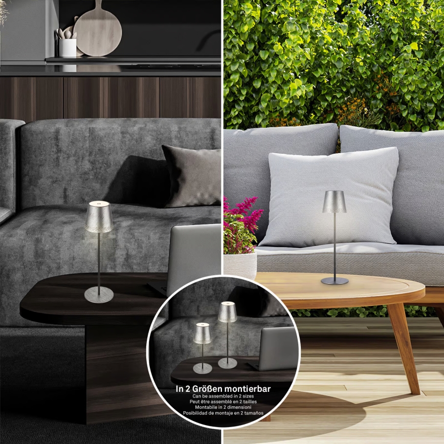 Brilo - Candeeiro de mesa tátil recarregável para exterior KIKI, dimerizável, LED 2,6 W / 5 V, IP44, 2600 mAh, prateado