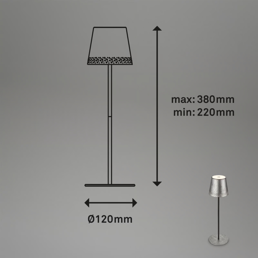 Brilo - Candeeiro de mesa tátil recarregável para exterior KIKI, dimerizável, LED 2,6 W / 5 V, IP44, 2600 mAh, prateado