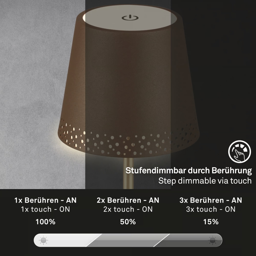 Brilo - Candeeiro LED de mesa exterior tátil, recarregável e regulável KIKI LED/2,6W/5V IP44 2600 mAh castanho