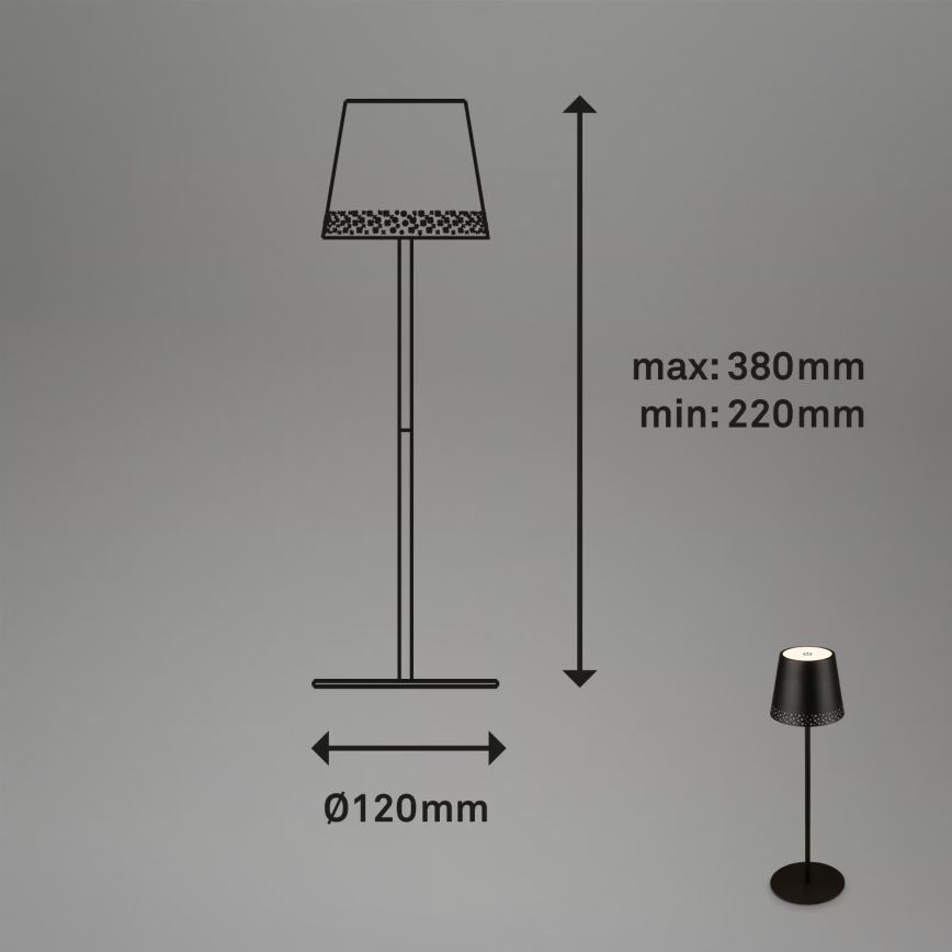 Brilo - Lâmpada de mesa LED tátil recarregável e dimerizável para exterior KIKI LED/2,6W/5V IP44 2600 mAh preta