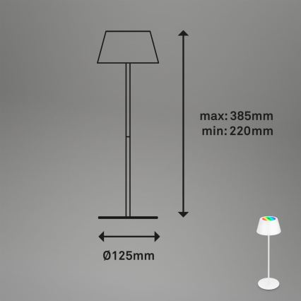 Brilo - Lâmpada de mesa para exterior LED RGB dimerizável, recarregável e tátil KIKI LED/2,6W/5V IP44 2600 mAh branca