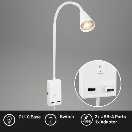 Briloner 2175-016 - Candeeiro de parede flexível com porta USB 1xGU10/10W/230V branco