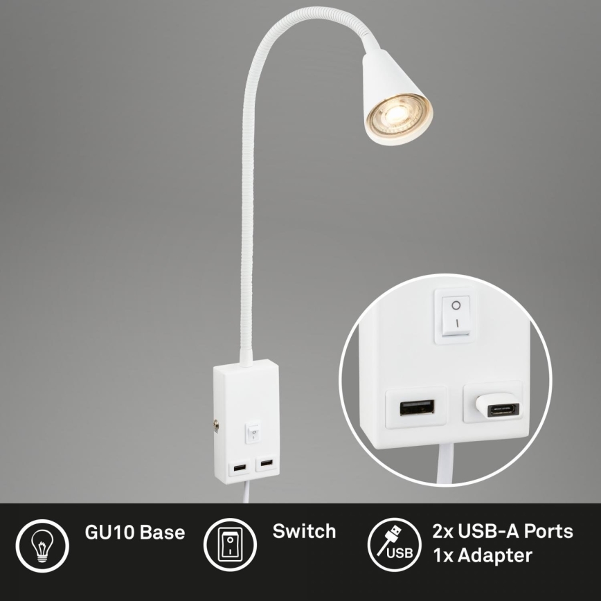Briloner 2175-016 - Candeeiro de parede flexível com porta USB 1xGU10/10W/230V branco