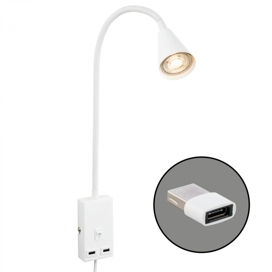 Briloner 2175-016 - Candeeiro de parede flexível com porta USB 1xGU10/10W/230V branco