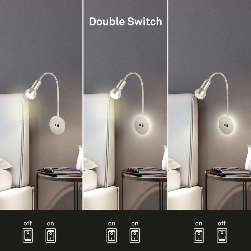 Briloner 2178012 - Candeeiro de parede LED flexível 1xE14/10W/230V + LED/3W cromado mate