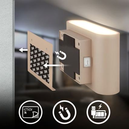 Briloner 3878011 - Aplique de parede LED recarregável com sensor de movimento e de crepúsculo CHAT LED/3W/5V 2000 mAh bege