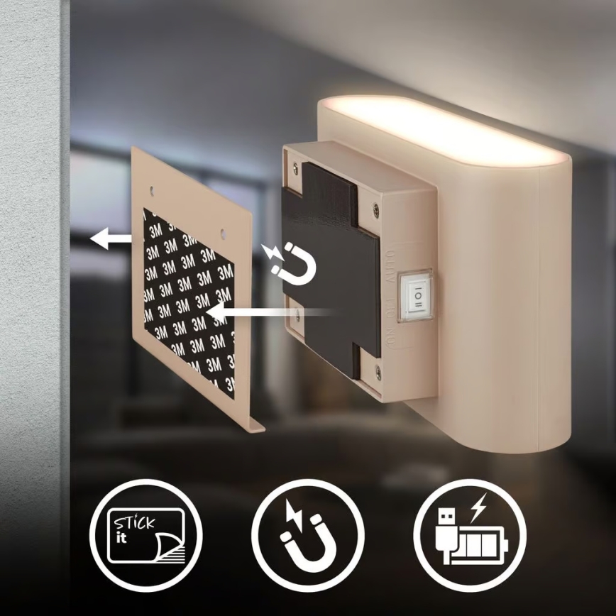 Briloner 3878011 - Aplique de parede LED recarregável com sensor de movimento e de crepúsculo CHAT LED/3W/5V 2000 mAh bege