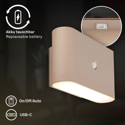 Briloner 3878011 - Aplique de parede LED recarregável com sensor de movimento e de crepúsculo CHAT LED/3W/5V 2000 mAh bege