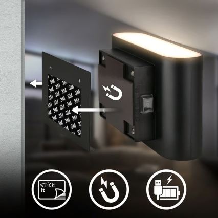 Briloner 3878015 - Aplique de parede LED recarregável com sensor de movimento e sensor de crepúsculo CHAT LED/3W/5V 2000 mAh preto