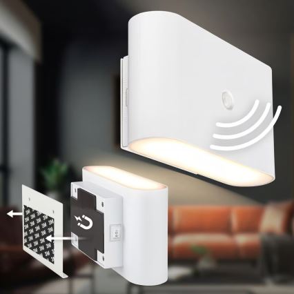 Briloner 3878016 - Aplique de parede LED recarregável com sensor de movimento e sensor crepuscular CHAT LED/3W/5V 2000 mAh branco