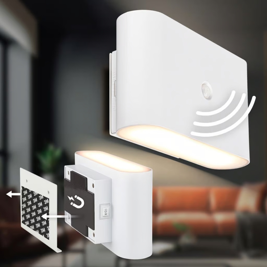 Briloner 3878016 - Aplique de parede LED recarregável com sensor de movimento e sensor crepuscular CHAT LED/3W/5V 2000 mAh branco