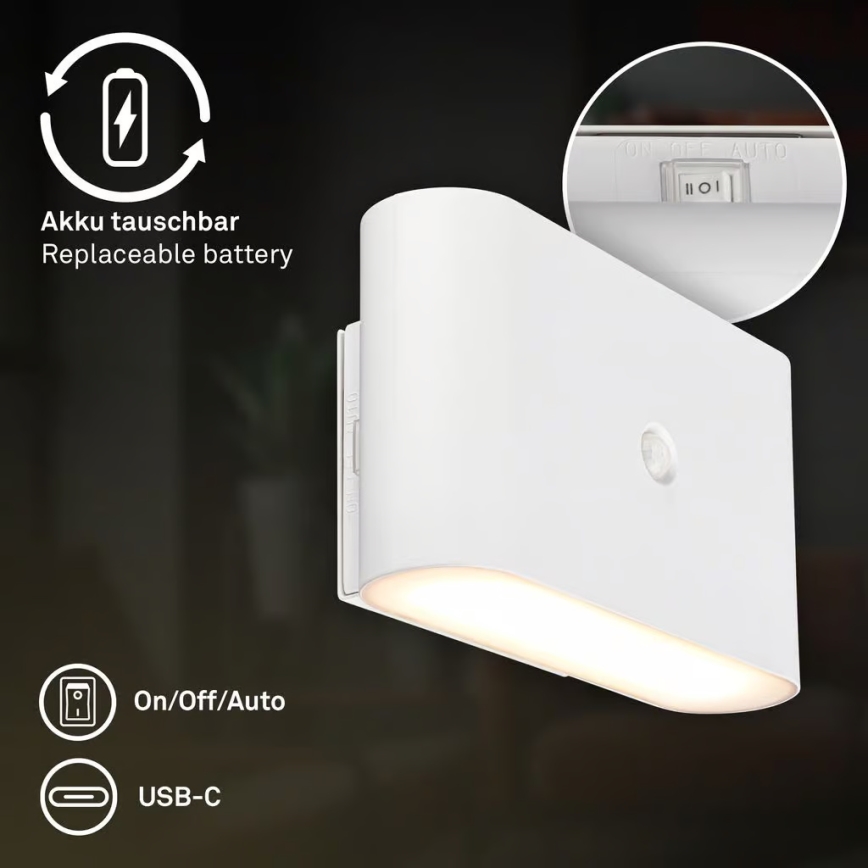 Briloner 3878016 - Aplique de parede LED recarregável com sensor de movimento e sensor crepuscular CHAT LED/3W/5V 2000 mAh branco